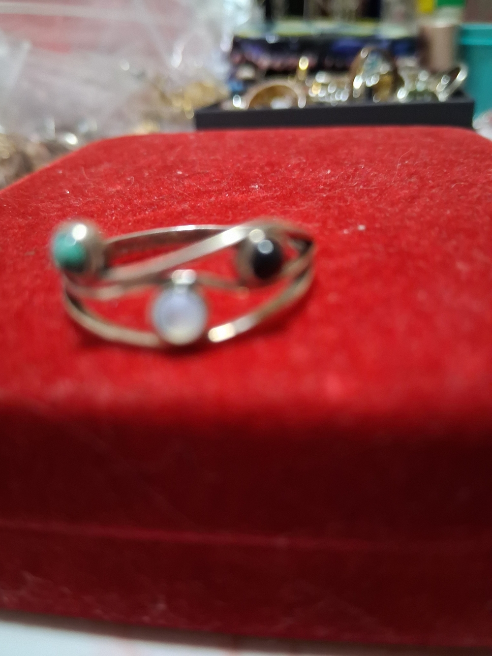 Source Unknown Silver Wrap Ring with Green, Black and White Stones